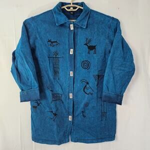Bfofo Womens Large Shacket Sweatshirt Jacket Acid Wash Cave Art Tribal Southwest